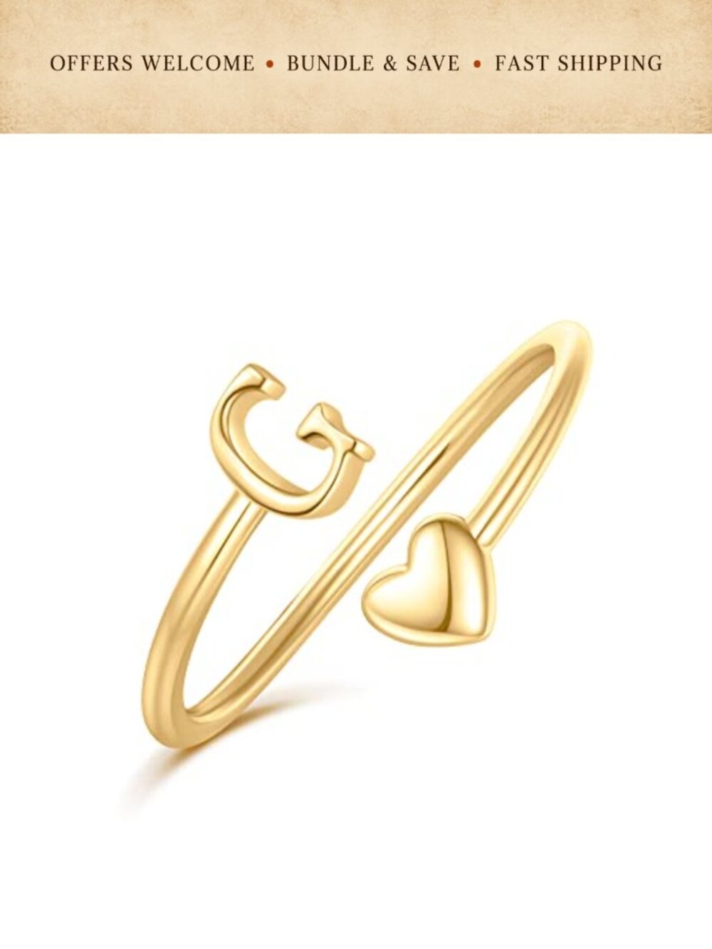 14k Gold Plated Heart Initial Ring Adjustable Stackable